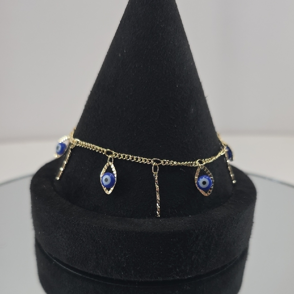 Gold- Blue Evil Eye Charm Bracelet • Hypoallergenic •Protective